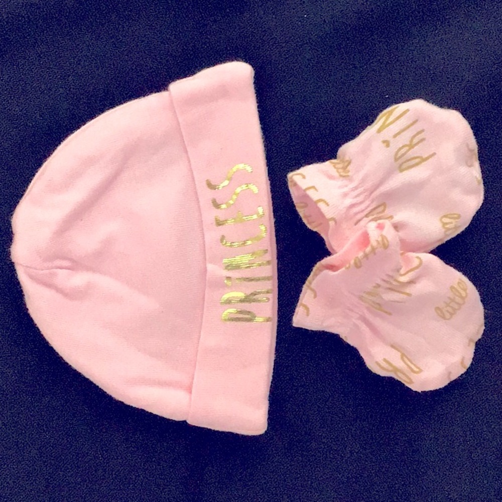 *GERBER* PINK & GOLD *BABYGIRL~PRINCESS~ HAT & MITTS *(H)SZ NEWBORN *(M)SZ 0-3M